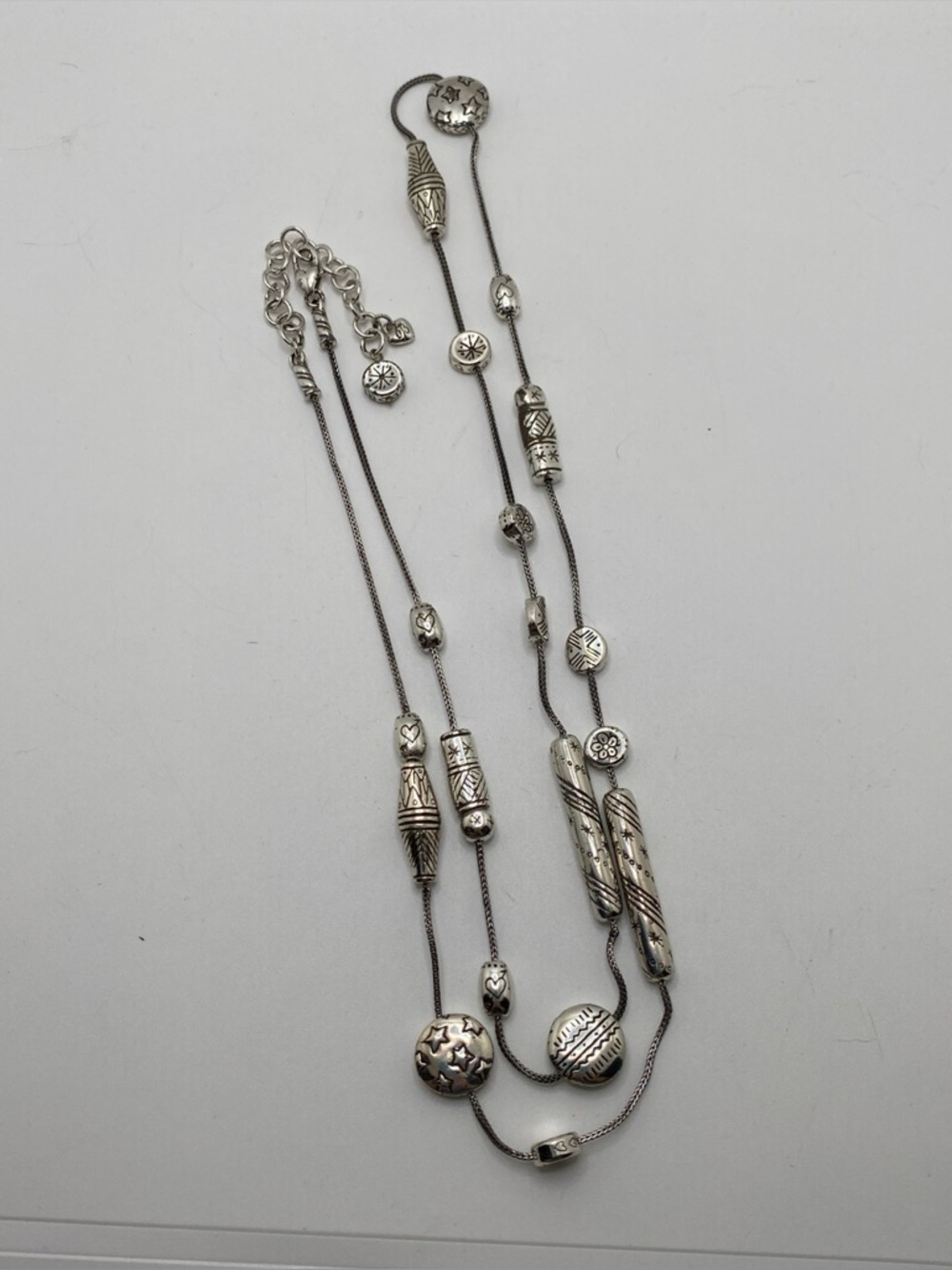 Vintage Brighton signed B Silver Tone Long Statement Necklace 36" Hearts Stars